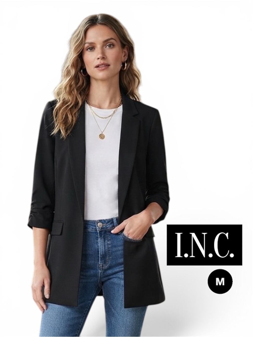 I.N.C. International Concepts Black 3/4 Sleeve Blazer Size M